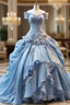Blue Fairy 3D Floral Prom Dress Bustle Ruched Sweet 16 Ball Gowns Quinceanera Dresses