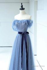 Blue Floor Length Prom Dress, A-line Strapless Tulle Evening Dress
