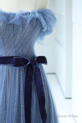 Blue Floor Length Prom Dress, A-line Strapless Tulle Evening Dress