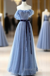 Blue Floor Length Prom Dresses, A-line Strapless Tulle Evening Dresses