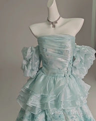 Blue Floral A-Line Strapless Organza Long Prom Dresses Graduation Prom Dresses