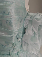 Blue Floral A-Line Strapless Organza Long Prom Dresses Graduation Prom Dresses