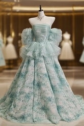 Blue Floral A-Line Strapless Organza Long Prom Dresses Graduation Prom Dresses