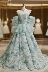 Blue Floral A-Line Strapless Organza Long Prom Dresses Graduation Prom Dresses