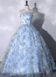 Blue Floral Sweetheart Floor Length Prom Dress, Blue Long Prom Dresses