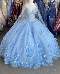 Blue flowers tulle ball gown , chic prom dress