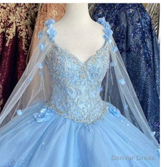 Blue flowers tulle ball gown , chic prom dress