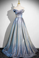 Blue Gradient A-Line Floor Length Prom Dress, Blue Off The Shoulder Evening Party Dress