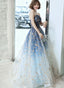 Blue Gradient Beaded A Line Floor Length Prom Dress, Blue Tulle Prom Dresses