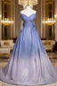 Blue Gradient Color Glitter Sequins Prom Dress, A Line Off The Shoulder Blue Princess Prom Dresses