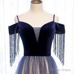 Blue Gradient Tulle Long Party Dresses,A-line Off Shoulder Formal Dresses