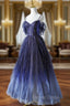 Blue Gradient Tulle Long Prom Dresses, Spaghetti Strap Evening Dresses