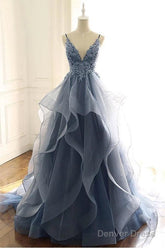 Blue Gray Lace V Neck Long Ruffles Prom Dress Organza Evening Dress