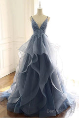 Blue Gray Lace V Neck Long Ruffles Prom Dress Organza Evening Dress