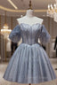 Blue Gray Tulle Beading Homecoming Dresses