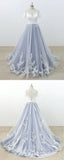 Blue Gray Tulle Ivory Lace Short Sleeve Beach Wedding Dress, Long Pageant Prom Dresses