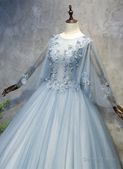 Blue-Grey Ball Gown Tulle Sweet 16 Dress with Lace, Long Formal Dress
