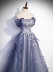 Blue-Grey Long A-line Off Shoulder Party Dress, New A-line Prom Dress Evening Dress
