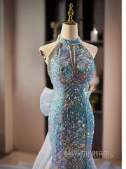 Blue Halter Beading Sequin Mermaid Prom Dresses With Detachable Bow