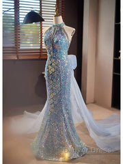 Blue Halter Beading Sequin Mermaid Prom Dresses With Detachable Bow
