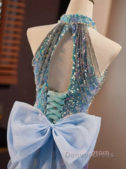 Blue Halter Beading Sequin Mermaid Prom Dresses With Detachable Bow