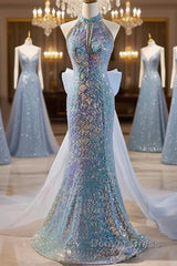 Blue Halter Beading Sequin Mermaid Prom Dresses With Detachable Bow