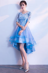 Blue High Low Tulle Party Dress , Cute Tulle Formal Dress With Lace Applique