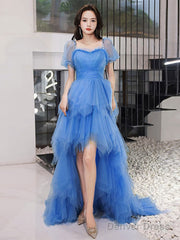 Blue High Low Tulle Prom Dresses, Blue Formal Graduation Dresses