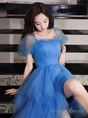 Blue High Low Tulle Prom Dresses, Blue Formal Graduation Dresses