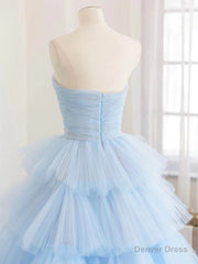 Blue High Low Tulle Prom Dresses, Blue Tulle High Low Formal Graduation Dresses