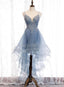 Blue High Low Tulle V Neckline Straps Prom Dress with Lace, Cute Homecoming Dresses
