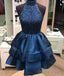 Blue High Neck Sequin Beaded Short Prom Dress, Cute Homecoming Dresses