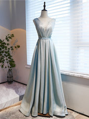 Blue Illusion V-neck Pleats Beading Prom Dress