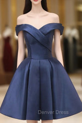 Blue Knee Length Satin Short Prom Dresses, Off the Shoulder Blue Homecoming Dresses