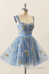 Blue Knee Length Tulle Party Dresses, Cute Blue Floral Tulle Homecoming Dresses