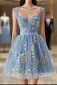 Blue Knee Length Tulle Prom Dress, Cute Blue Floral Tulle Homecoming Dresses