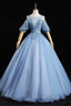 Blue Lace Long A Line Ball Gowns, Blue Prom Dresses