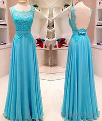 Blue Lace Long Prom Dress, Blue Evening Dress For Teens