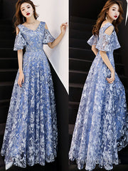Blue Lace Long Prom Dresses, Blue Formal Party Dress