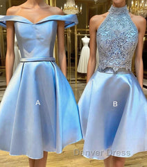 Blue lace satin short prom Dresses, blue homecoming Dresses
