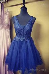 Blue Lace Short A Line Evening Dress Homecoming Dress