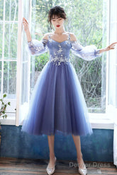 Blue Lace Short A-Line Prom Dress, Blue Spaghetti Strap Evening Party Dress