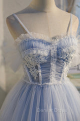 Blue Lace Short A-Line Prom Dresses, Blue Spaghetti Straps Homecoming Party Dresses