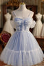 Blue Lace Short A Line Prom Dress, Blue Spaghetti Straps Homecoming Prom Dresses