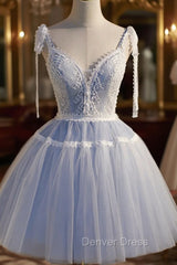 Blue Lace Short A-Line Prom Dresses, Cute V-Neck Homecoming Party Dresses