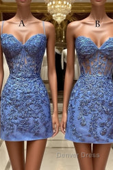 Blue Lace Short Prom Dresses, Blue Homecoming Dresses