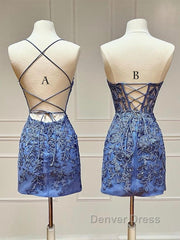 Blue Lace Short Prom Dresses, Blue Homecoming Dresses