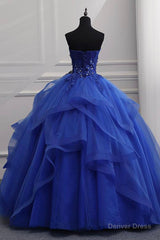 Blue Lace Strapless Ball Gown Formal Dress, Blue Long Sweet 16 Dress