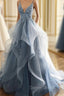Blue Lace Top with Layers Tulle Prom Dresses, New Straps Evening Gown