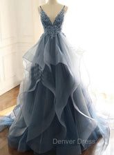 Blue Lace Top with Layers Tulle Prom Dresses, New Straps Evening Gown